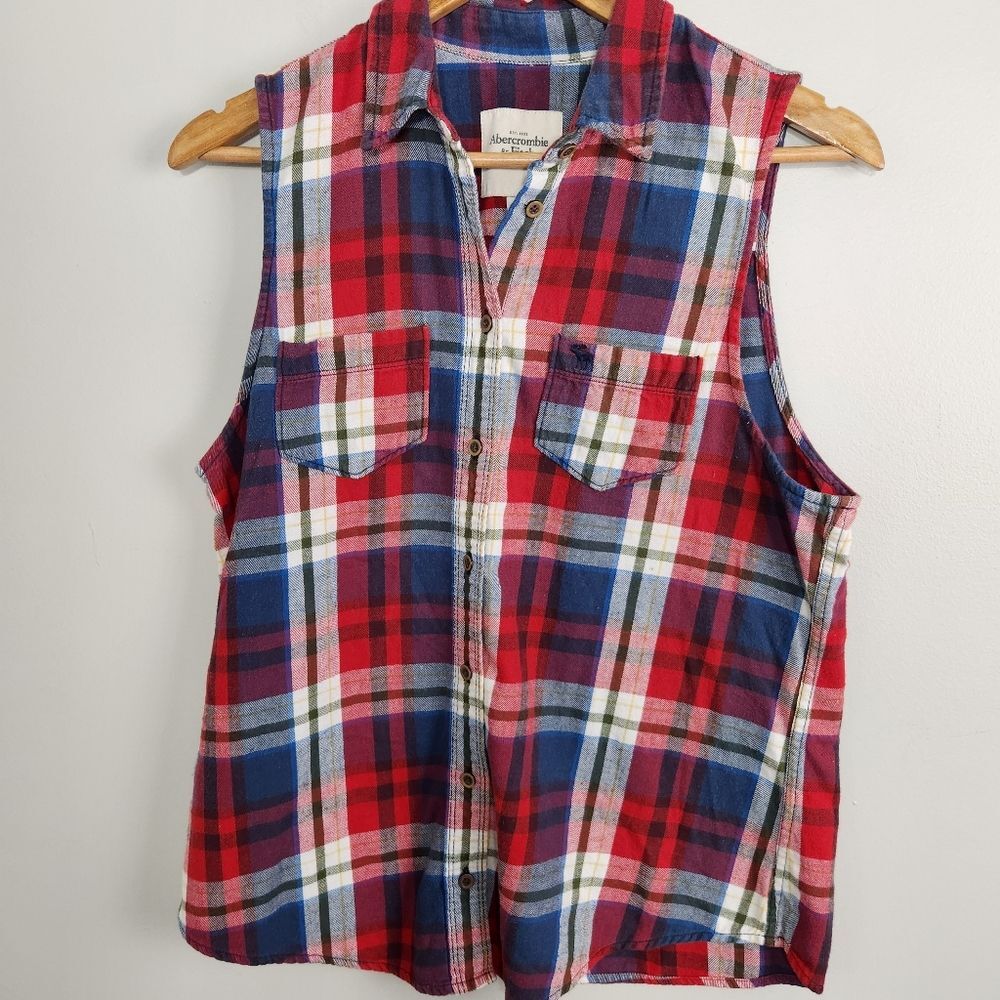 Abercrombie & Fitch Blouse Womens Size L Red Blue Plaid Flannel school plaid